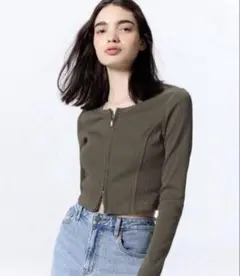 リブダブルジップカーディガンQ GU オリーブ　M