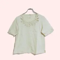 半袖 カットソー Tシャツ Ｌ ベージュ 綿 刺繍 おしゃれ 春 夏 レース