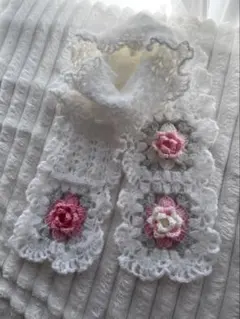 薔薇モチーフ　マフラー　ストール　手編み　ハンドメイド