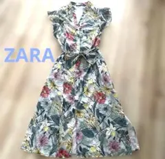 ZARA BASIC 花柄ボタニカルワンピース フリル袖 ウエストリボンM