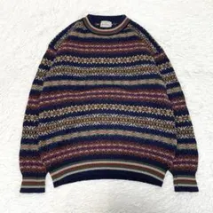 90s 総柄 ニット L フェアアイル 民族 マルチカラー レトロ グランパコア