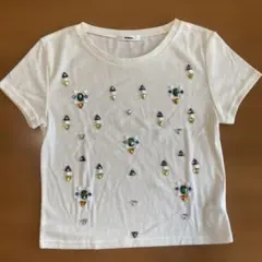 ホワイト ビジュー付き Tシャツ Fサイズのサムネイル