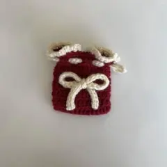 ハンドメイド 編み物 ミニ 巾着 赤 白 リボン ポーチ 小物入れ バレエコア