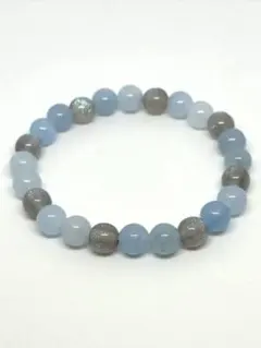 青色とグレーのビーズブレスレット 6.75インチ