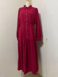 【主役級】赤とろみ素材ボリュームティアードワンピース　ロング甘辛上品着映え