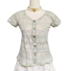 axes femme メロングリーン 半袖ブラウス レースリボン 姫ギャルy2k