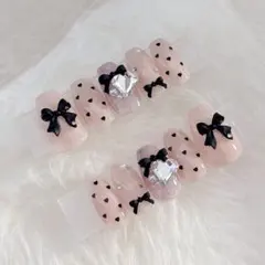 リボンハートネイル♡フレンチガーリー 量産型 スナ系 ドット 韓国