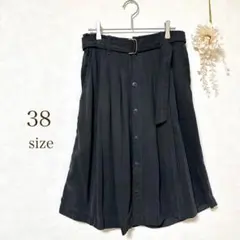 スカート　膝丈　コーディュロイ　黒　ボタン　ベルト付き　テンセル　綿　カジュアル