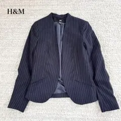 H&M ノーカラージャケット 紺ブレ ピンストライプ柄 オープンフロント 仕事のサムネイル