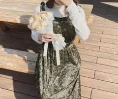 apres jour ベロア リボン 花柄 キャミ ワンピース オリーブグリーン