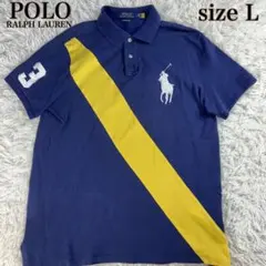 【美品・現行】ポロラルフローレン　ポロシャツ　ネイビー　イエローストライプ　L