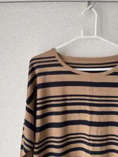 キャメル ボーダーニット薄手トップス 長袖 秋服 大きめサイズ