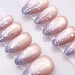 【852】ネイルチップMサイズ ピンク 紫　ラメ　グラデ 星ホロ　マグネット