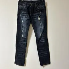 ダメージ加工 ダークブルー スリムフィットデニム