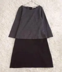 ニーム 七分袖 ドッキングワンピース ウール 異素材 上品 キレイめ フレア