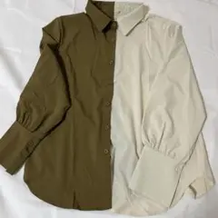 オリーブとホワイトの長袖シャツ Mサイズ