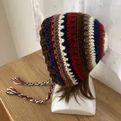 ハンドメイド＊茶赤紺のバラクラバ・ボンネット・ビーニー・ニット帽