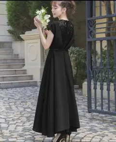 パールベルト付き　ロング　結婚式　パーティー　ドレス ブラック