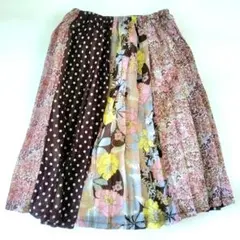 【訳あり】パネル切り替え　水玉　花柄　ひざ丈スカート　フレア　プリーツ　韓国