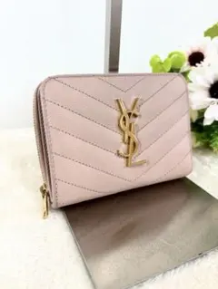 サンローラン 二つ折り財布 カサンドラ ロゴ Vステッチ キャビアスキン ピンク