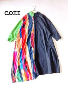 異素材切替 アシンメトリーワンピース 春 アート柄 ゆったり 体型カバー