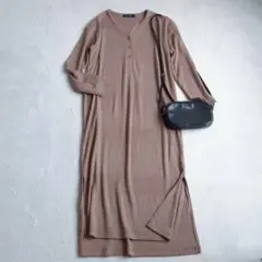 ナノベース ナノユニバース◇リブニットワンピース ヘンリーネック スリット F