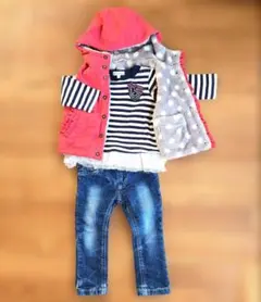 フリースピンクベストとデニムパンツセット 90cm