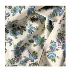 フランス 青い花とベリーとコットンリネン 生地 古布 アンティーク ヴィンテージ