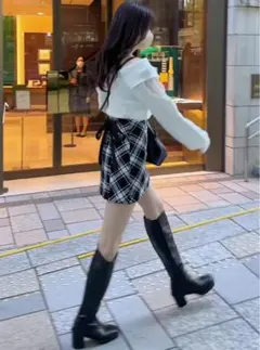 バックリボンツイードチェックミニスカート