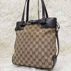 美品✨ グッチ キャンバス ベルト トートバッグ レザー 茶 GG柄