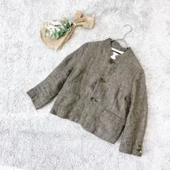 A3185【ネイティヴビレッジ】ブラウンノーカラーリネンジャケット/麻綿