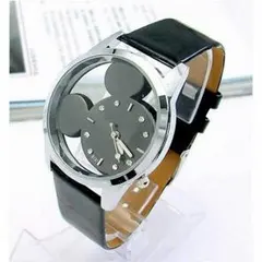 かわいい ネズミフォルム時計（ベルトブラック・盤面ブラック）