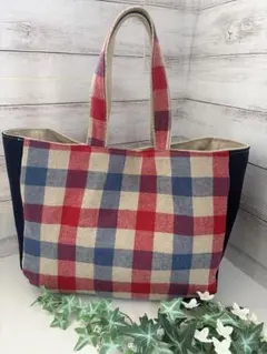 ハンドメイド 綿麻チェックトートバッグ 赤×青のサムネイル