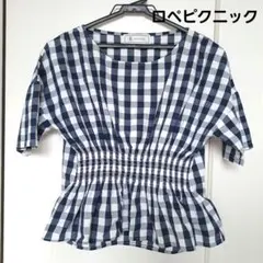ロペピクニック ペプラムブラウス 半袖 ネイビー×ホワイト ギンガムチェック F