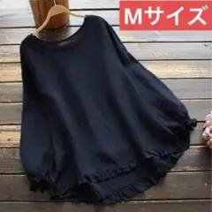 レディーストップスシンプルチュニック（紺色Mサイズ春夏秋長袖トップス023