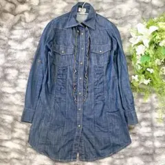 【セシカブルー】 フリルデニムシャツチュニック (38) ロールアップ 濃紺のサムネイル
