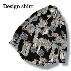 CRYSUN　総柄デザインシャツ　ポリシャツ　天使　彫刻　ポリエステル　古着