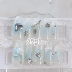 現品⋈ネイルチップ 水色 チークネイル 薔薇 量産型 韓国 ワンホン ちゅるん