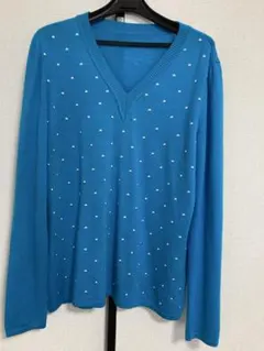 値下げ　難有　伊太利屋　Ｖネック長袖セーター　ブルー　スパンコール柄
