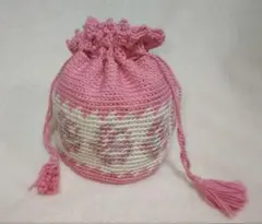 A【ハンドメイド】かぎ針編み巾着袋(U09)/ピンク/薔薇/小物入れ
