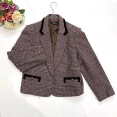 美品✨レアンヌ（F）ツイードジャケット 襟ベロア チェック柄 赤茶 卒業入学式