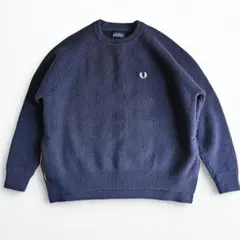 FRED PERRY ニット セーター ネイビー ロゴ刺繍 ウール混 M相当
