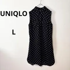 【美品】ユニクロ　ノースリーブドット柄膝丈ワンピース　白×黒　Lサイズ