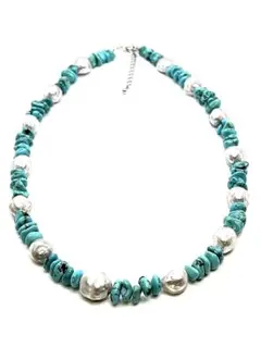 【激レア】ターコイズ＆本真珠13mmシルバーグレーミラーカットパールネックレス