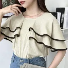 配色パイピングフリルビッグカラーノースリーブプルオーバー