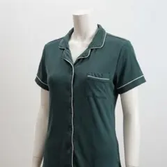 nicole miller開襟 半袖 シャツ L 深緑パジャマシャツ