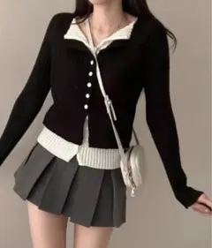 【NUGU】バイカラーレイヤードボタンカーディガン