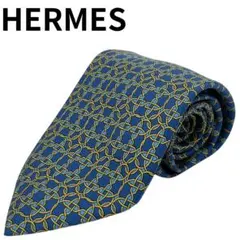 HERMES エルメス 高級シルクネクタイ 青系 総柄　幾何学模様