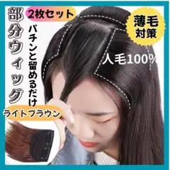 部分ウィッグ　人毛エクステ　明るい栗色　2個　パチンと留めるだけ　簡単　薄毛対策