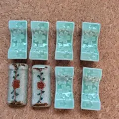値下げ☆花模様の緑色陶器箸置き8個セット